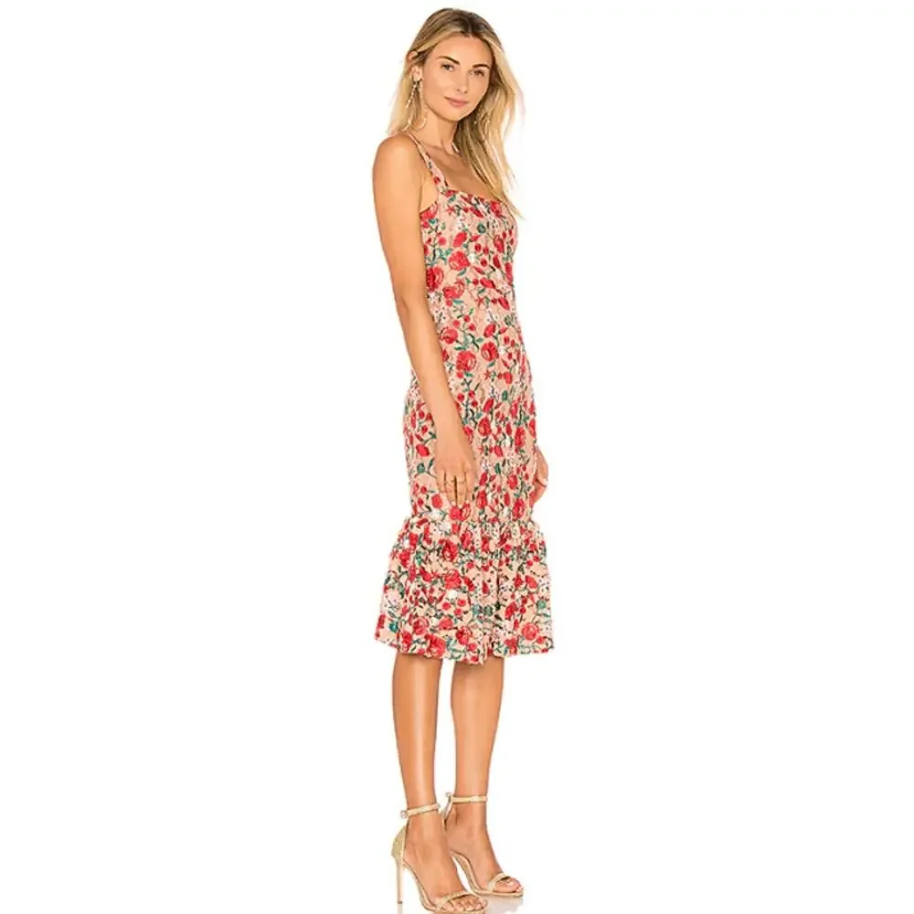 Lovers + Friends Under the Stars Midi Dress Floral Lace Ruffle Cottagecore Nude - Picture 12 of 15
